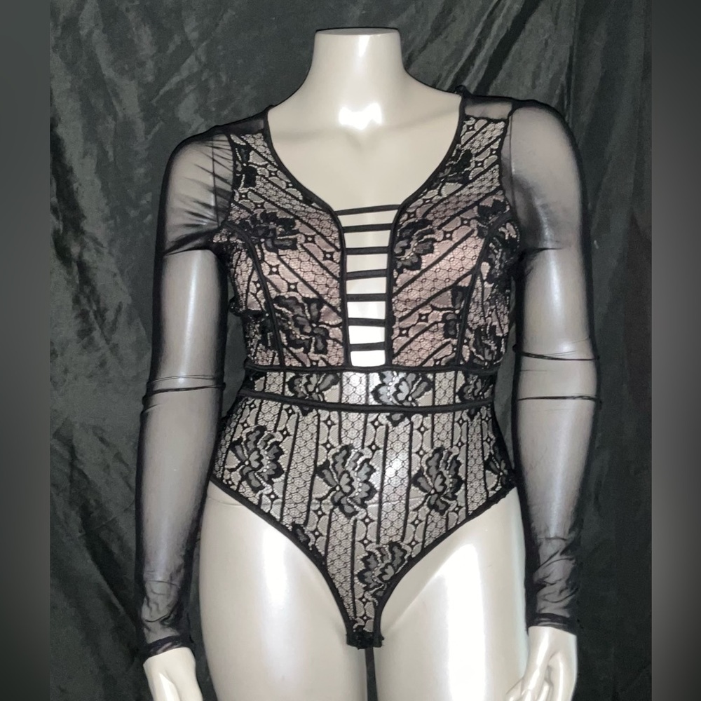 Haute Monde Black Sheer & Lace Bodysuit with Snap Crotch